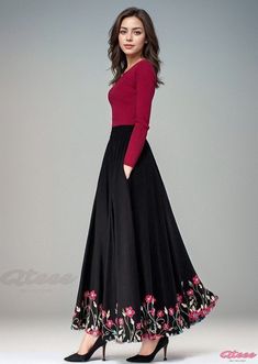 Luxury High-Waisted Floor-Length Evening Gown with Exquisite Details Flowy Long Skirt Dress For Fall, Long Flowy Skirt Dress For Fall, Stretch Long Skirt Dress For Fall, Black Full-length Flowy Dress, Black Long Sleeve Dress With Flowy Skirt, Black Full Length Flowy Dress, Flowy Black Maxi Dress, Black Flowy Maxi Dress, High Waist Long Skirt