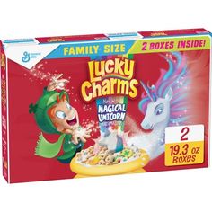 lucky charms cereal box with an image of a unicorn eating cereal on the front and side