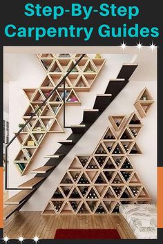 a staircase made out of wooden shelves with stairs on each side and the words step - by - step carpentry guides above it