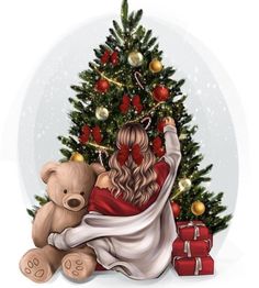 a woman sitting next to a christmas tree with a teddy bear in front of it