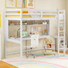 a white loft bed with desk underneath it in a room that has a striped rug on the floor