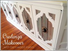 an old dresser has been painted white with wood inserts on the doors and drawers