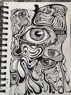 a drawing of an eye with swirls and lines on it's face, in black and white