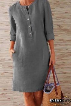 Cotton Linen Lizzy Dress Casual Long Sleeve Midi Dress For Day Out, Casual Plain Spring Dress, Casual Solid Color Dresses With Pockets, Casual Solid Dresses With Pockets, Casual Fitted Plain Midi Dress, Fall Shift Dress With Pockets, Casual Fall Dresses With Pockets, Casual Gray Long Sleeve Dress, Gray Casual Mini Dress