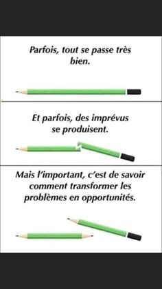 two green pencils with words written in french and english on the same sheet of paper