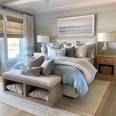 Modern cottage bedroom, serene and cozy, highlighting the importance of a soothing color palette with soft blues and neutral tones, enhanced by natural materials2 Coastal Bedroom Colors