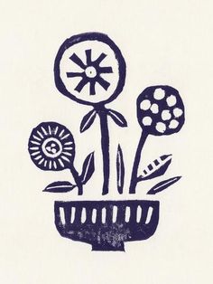 a black and white drawing of flowers in a vase