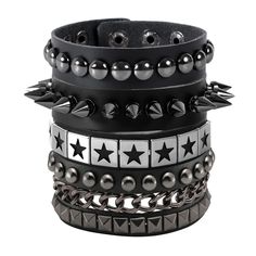 PRICES MAY VARY. Spike Bracelet Set: 4 Pcs Spike cuffs for you, this sophisticated black studded bracelet set is sure to fit. Enjoy, look cool, stylish, and be free! Size Details: Adjustable length from 7 inch to 8. 5";You can adjust the size by changing the snap button place. Handmade Leather Bracelet: All the metal spike are carefully selected, manually installed and manufactured, sturdy and durable without worrying about quality issues. Don't need to worry about the quality issues. Goth acces Spike Cuffs, Studded Bracelet, Scene Accessories, Spike Bracelet, Metal Spikes, Punk Accessories, Handmade Leather Bracelets, Cuff Jewelry, Fit Ideas