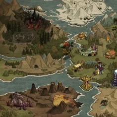 a cartoon map with many different locations in the land and mountains around it, including houses