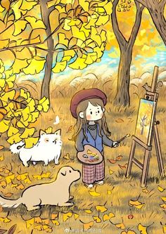 a painting of a girl and two dogs in the fall with leaves on the ground