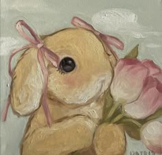 a painting of a teddy bear with pink flowers