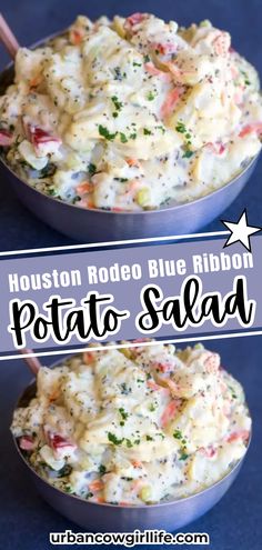 two bowls filled with potato salad and the words houston rodeo blue ribbon potato salad on top