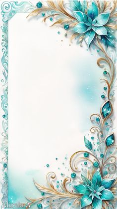 a blue and gold frame with flowers on it