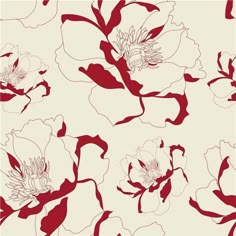 red and white flowers on a beige background with black outlines in the shape of leaves