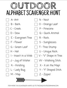 the printable outdoor alphabet scavenger hunt is shown in black and white with an arrow