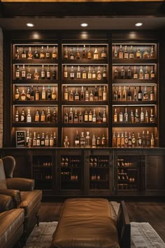 a room filled with lots of bottles and leather furniture