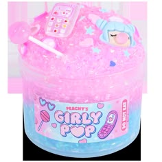 a pink and blue toy in a plastic container with toys on the top, including a cell phone