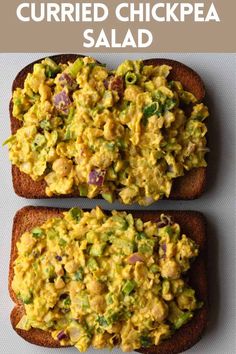 two pieces of bread with scrambled chicken salad on them and the words, how to make stuffed chickpea salad