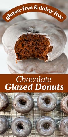 chocolate glazed donuts on a cooling rack with text overlay that reads glazed doughnuts