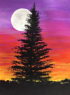 an acrylic painting of a pine tree at sunset with the moon in the background