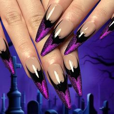 PRICES MAY VARY. 【Halloween Press On Nails Long Stiletto Almond】：SHANRUN all fake nails, press on nails, nail kits are made of environ-mentally friendly acrylic resin material, which is non-toxic, tasteless and environmentally friendly, won’t hurt your hands.Get salon-like nails in 5 mins! 【What You Will Get】:A box contains 24 fake nails, a nail file and 24 jelly glues,an orange wood stick, a set of cleaning cotton,the fake nails are divided into 12 different sizes.The soft elastic and seamless Nail Bat, Bat Nails, Nail Art Halloween, Fake Nails Long, Unghie Nail Art, Long Stiletto Nails, Halloween Press On Nails, Nagel Tips, Party Nails