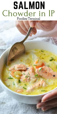 salmon chowder in ip recipe with text overlay