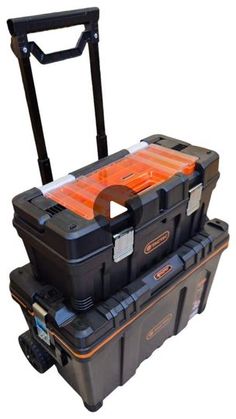 two black and orange coolers stacked on top of each other with wheels attached to them