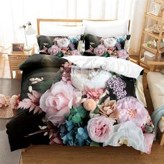 a bed with flowers on it in a room