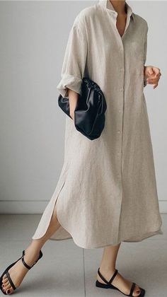 Áo Blu, Minimalist Moda, Linen Style Fashion, Smart Casual Dress, Afghan Clothes, Casual Day Outfits, Mode Casual, Cotton Shirt Dress