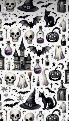 halloween themed wallpaper with skulls, bats and ghost heads on it's white background