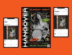 two cell phones are next to an advertisement for the hangover festival on orange background