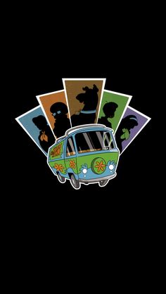 the vw bus is sitting in front of some photos on black background with green and blue colors