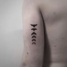 an arrow tattoo on the left arm with three arrows drawn across it and two birds flying around