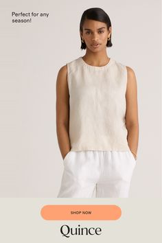 An all-year essential. This linen tank top is made from soft, textured 100% organic linen. It's perfect to layer under a cardigan or does just as well on its own on those warmer days. Especially with the matching linen pants.  | Quince | Women's Tank Top in Sand, Size Small, Linen Linen Tank Top, Linen Tank, European Linens, Organic Linens, Linen Women, Linen Pants, Quince, Tank Tops Women, The 100