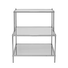 three tiered metal shelf with clear glass shelves on each side and one shelf below