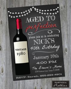 a wine bottle birthday party card with string lights on the side and an aged to perfection label