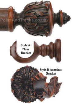 an ornate wooden door handle and knobs with carved wood details on each side, including the