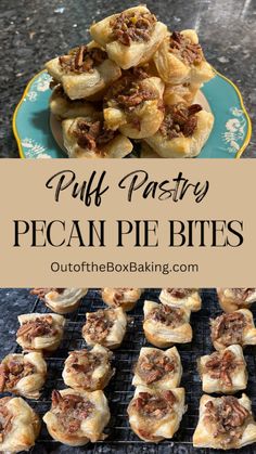 puff pastry pecan pie bites on a blue plate with text overlay that says puff pastry pecan pie bites