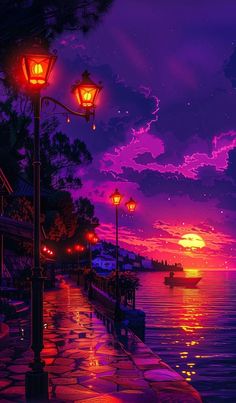 a street light sitting on the side of a river under a purple and pink sky