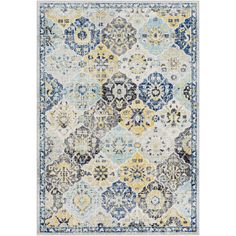 an area rug with blue, yellow and white colors