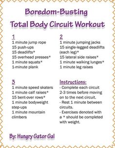 an exercise poster with instructions for boredom busting total body circuit workout