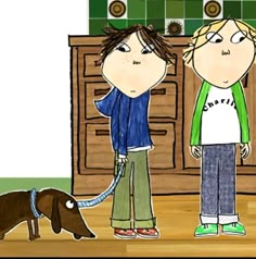 two children standing next to each other with a dog on a leash in front of them