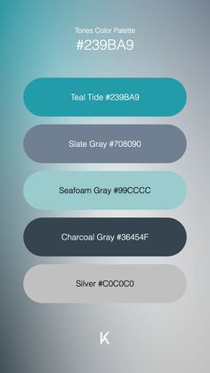 Tones Color Palette Teal Tide #239BA9 · Slate Gray #708090 · Seafoam Gray #99CCCC · Charcoal Gray #36454F · Silver #C0C0C0 Teal And Gray Color Palette, Color Palette Teal, Aqua Color Palette, Calming Coastal, Bathroom 2024, Coastal Breeze, Grey Color Scheme