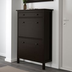 a tall wooden cabinet sitting next to a white wall with a plant on top of it