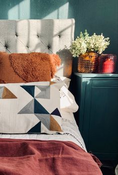 Add rich colours using accessories to a bedroom cushions throws coloured glass Blue Grey Rust Bedroom, Burnt Orange And Dark Green Bedroom, Farrow Ball Bedroom, Blue And Terracotta Bedroom, Forest Green Bedrooms, Farrow And Ball Bedroom, Terracotta Bedroom, Bedding Color, Bedroom 2022