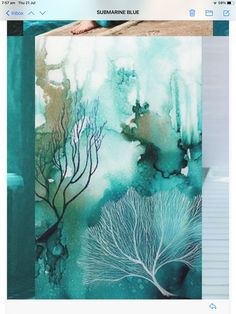 the screen shot shows an image of watercolor paintings on canvases, which are blue and green