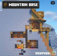 the mountain base is made up of blocks and bricks, with windows on each side