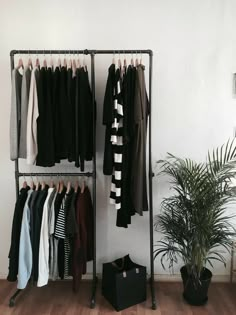 an iron rack with clothes hanging on it next to a potted plant and black basket