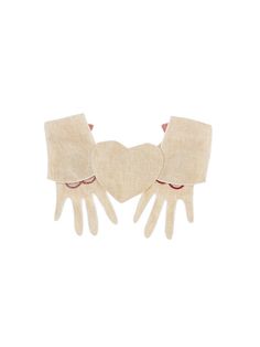 two white gloves with red bows on them