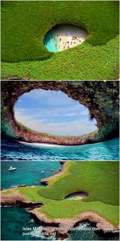 three different views of the ocean and land